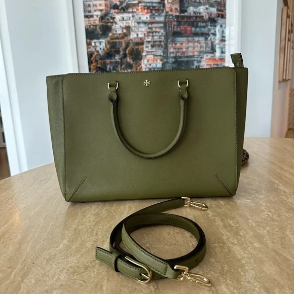 Tory Burch Olive Leather Satchel with Gold Hardware - Picture 1 of 5